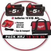 Perceuse Pack Energie 18V 5Ah 2 bat+chargeur universel+sac Milwaukee