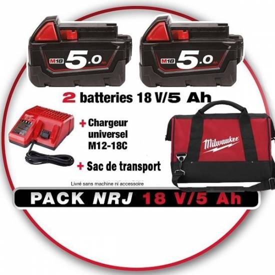 Perceuse Pack Energie 18V 5Ah 2 bat+chargeur universel+sac Milwaukee