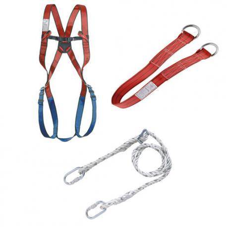 Anti-chute KIT antichute comprenant / Harnais EN361, Sangle d'ancrage 2 boucles, longe réglable 1.8m 2 boucles + sac BGT