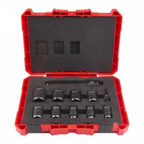 Outillage a main Coffret 11 pcs Douille courte 1/2 10 a 24 mm 1/2'' + adaptateur 1/4'' hex + extention 150mm 1/2'' Milwaukee