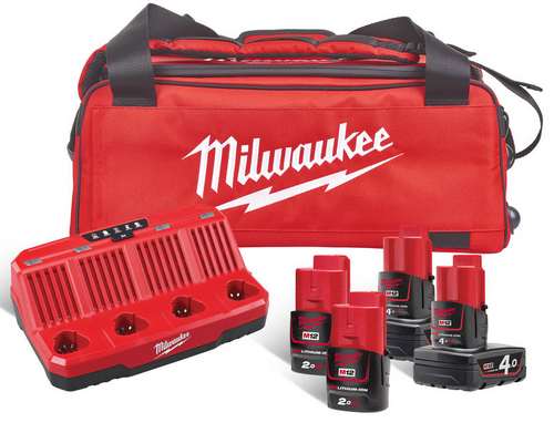 Outillage a main Chargeur 4 batteries + 2 Batteries 12 V 4.0 Ah + 2 Batteries 2.0 Ah + sac transport Milwaukee